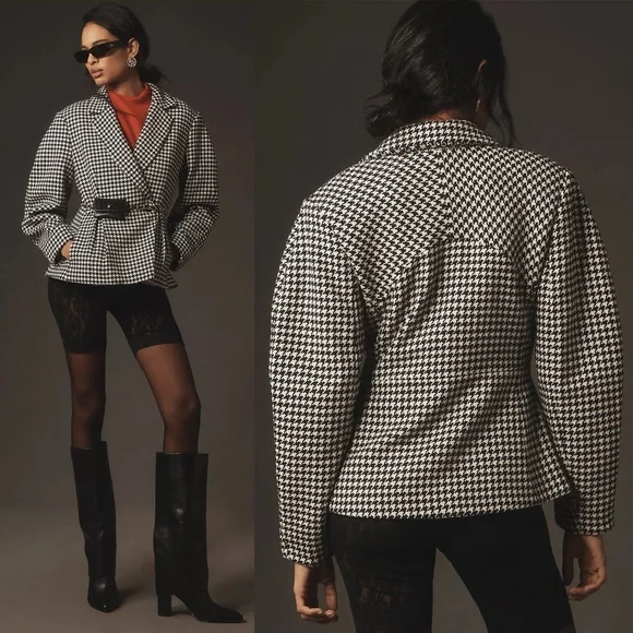 New Anthropologie Maeve Houndstooth Sculpted Hourglass Blazer - Picture 2 of 8